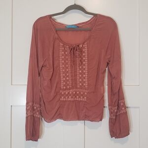 Johnny Was Embroidered Flowers Semi Sheer Blouse Tie At Neck Rust Sz Small Boho